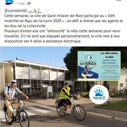 Publication Facebook du 23 septembre 2020 : les élus et les agents ont "enfourché" le vélo cette semaine pour venir au travail.