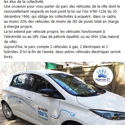 Publication Facebook du 22 septembre 2020 pour informer sur l'évolution du parc des véhicules de la ville.